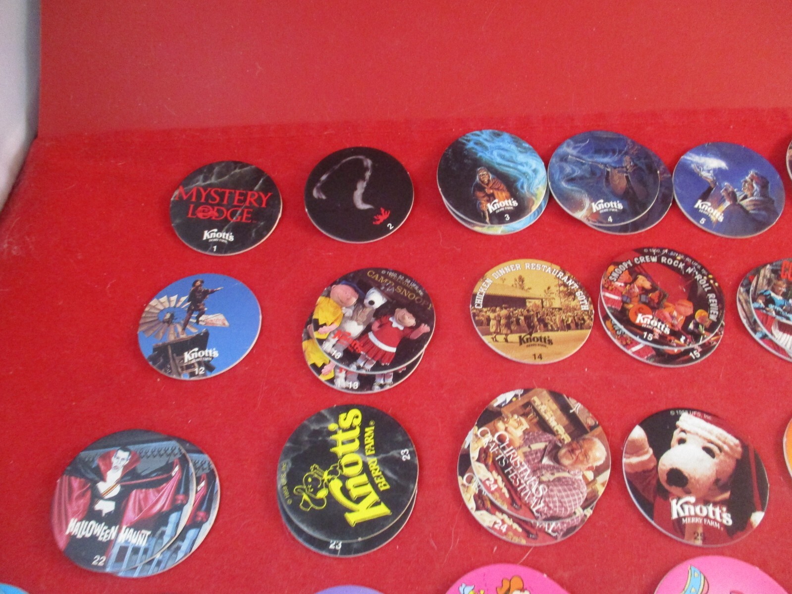 Set of 75 Knott’s Berry Farm Pog Rides & Peanuts Charlie Brown Snoopy w/Slammers