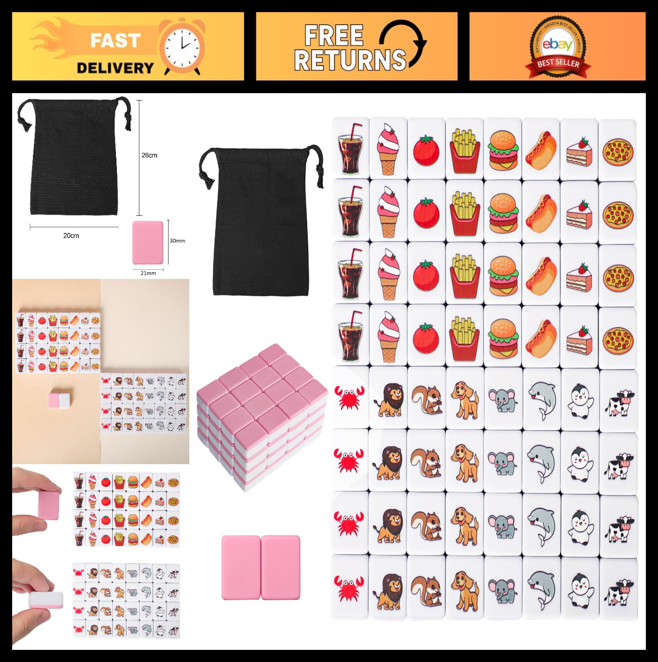 2 Player Mahjong Block Set – 66 Premium Pink Tiles, Portable Game with Carry Bag