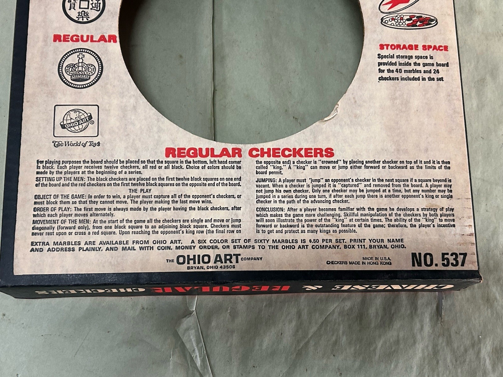 Vintage Ohio Art No. 537 Combo Chinese & Regular Checkers Game Open Faced Box