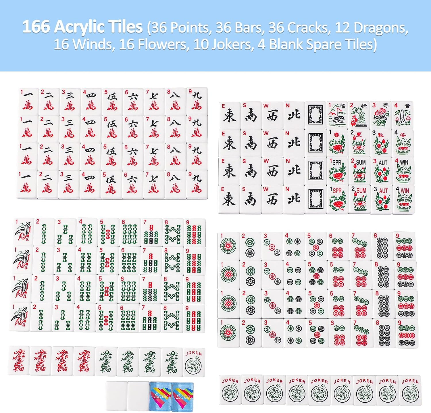 Set of 166 Acrylic American Mahjong Tile Set, Mahjong Game Set with 1.2” Blue Pr