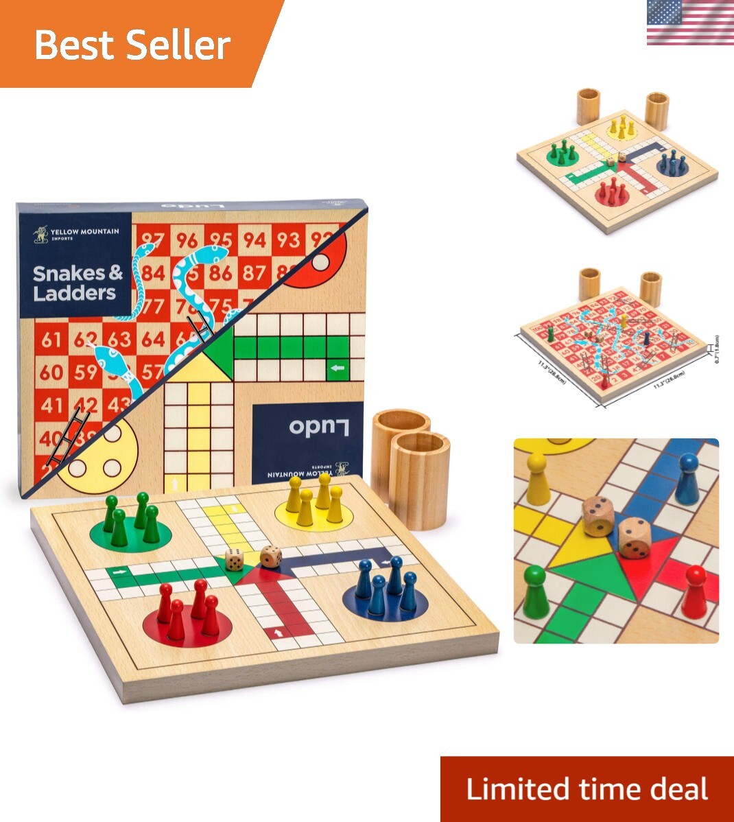 Classic 2-in-1 Wooden Snakes and Ladders & Ludo Game for Family Fun – 11.3 in