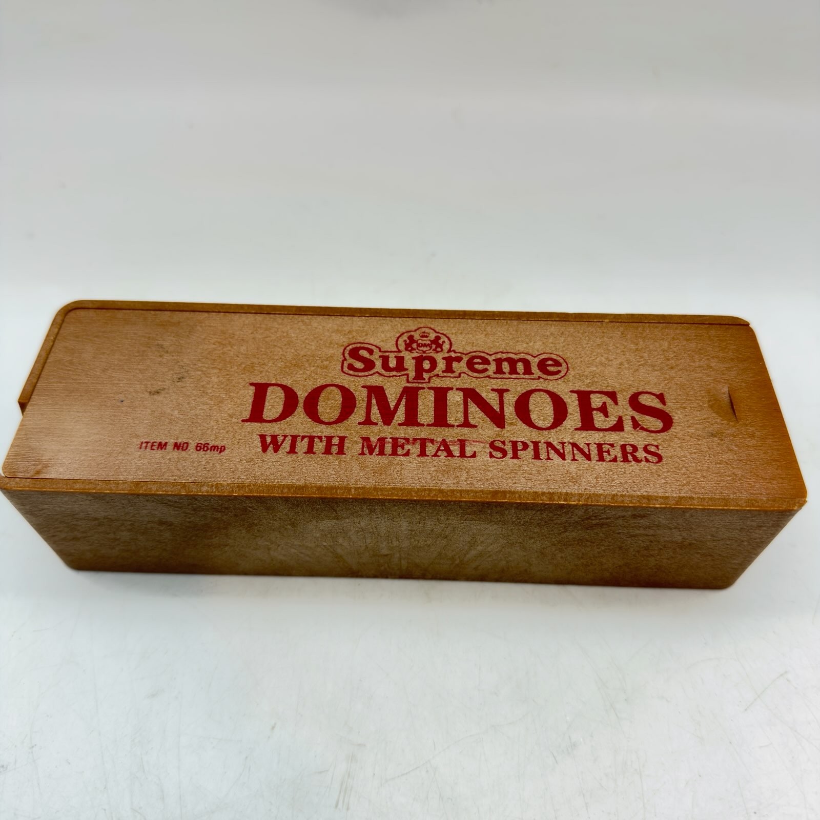Vintage Supreme Dominoes With Metal Spinners in Wood Slide Lid Box Item No 66mp