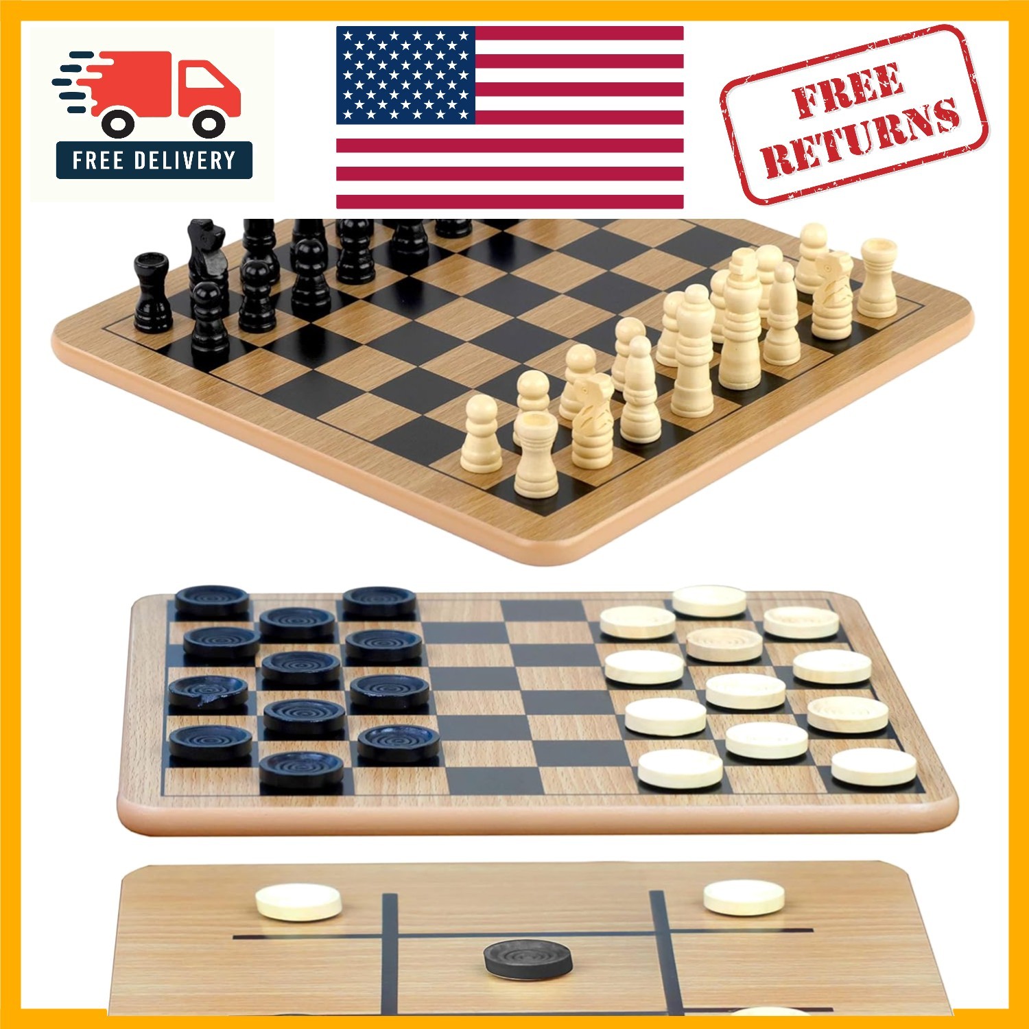 Reversible 3-in-1 Wooden Board for Chess, Checkers & Tic-Tac-Toe – Family Fun