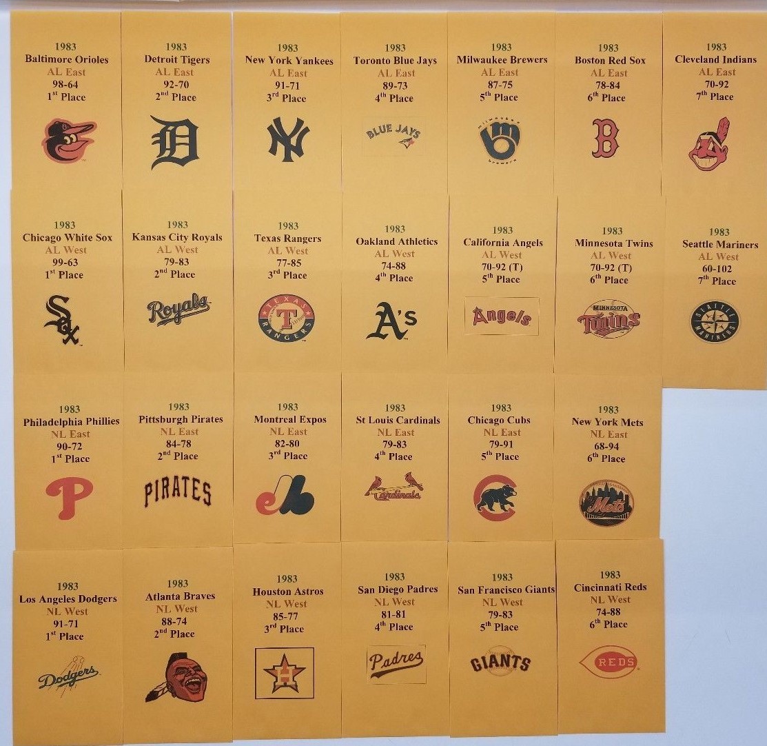 1983 APBA Baseball Printed Storage Envelopes with Stats and Team Logo