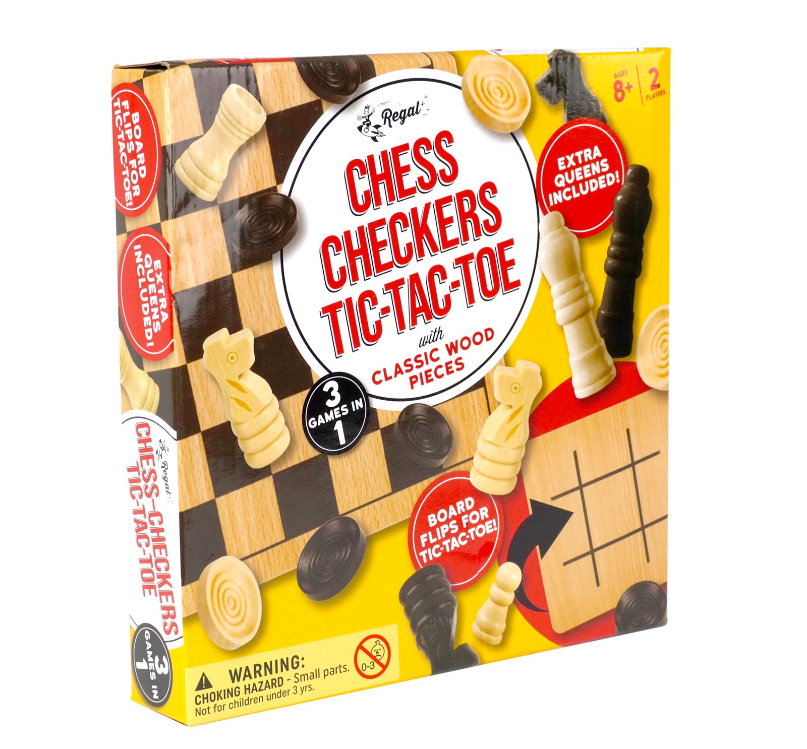 Reversible Wooden Game Board Chess Checkers Tic Tac Toe Set Pieces Family Fun