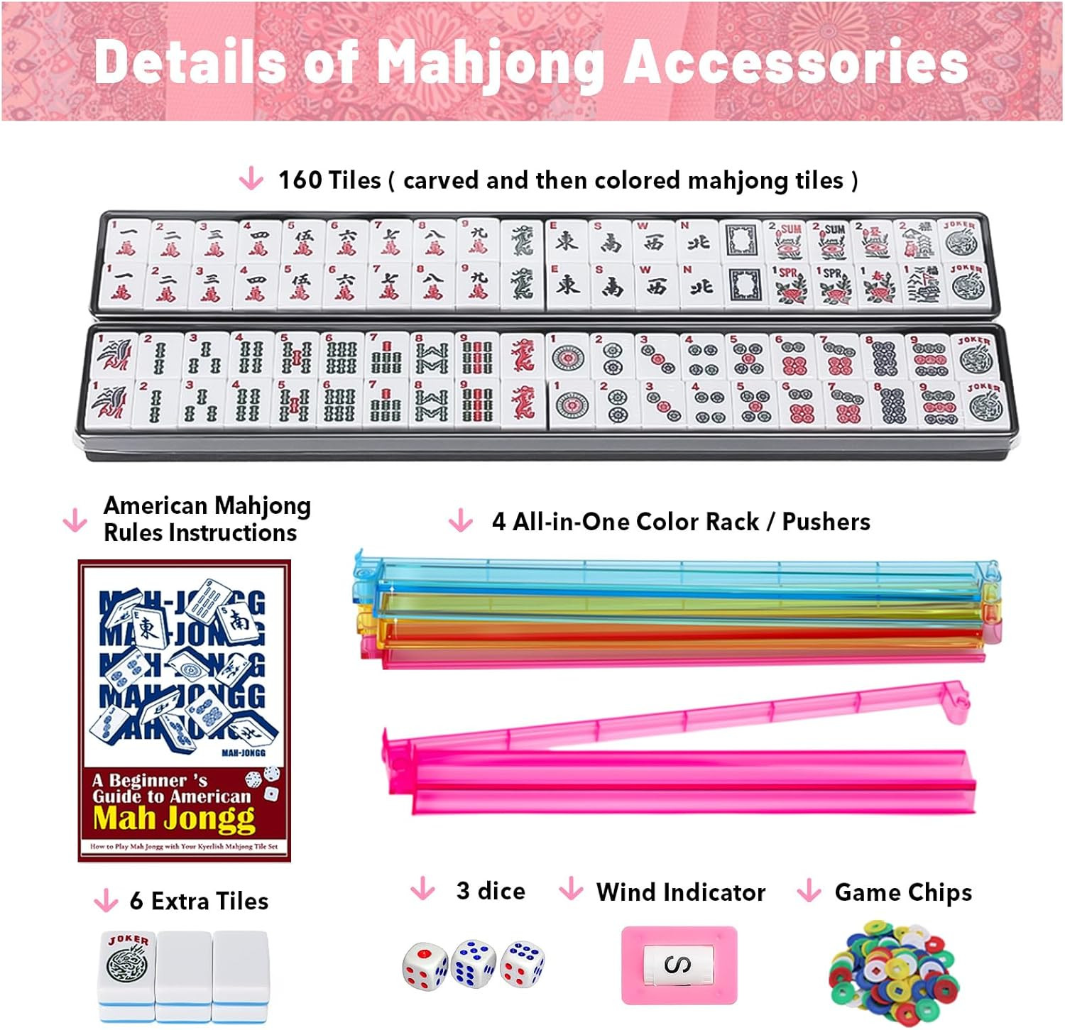 American Mahjong Tile Set with Pink Printed Carrying Bag, 166 Blue Tiles, 4 All-
