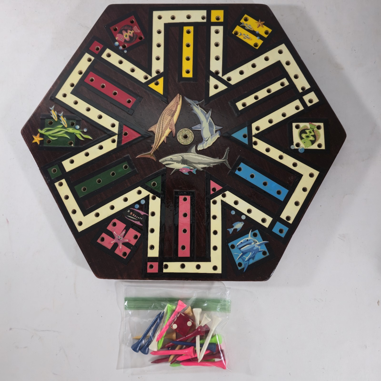 Hand Crafted 14″ Wooden Shark & Fish Aquatic Aggravation Tee Peg Game Board