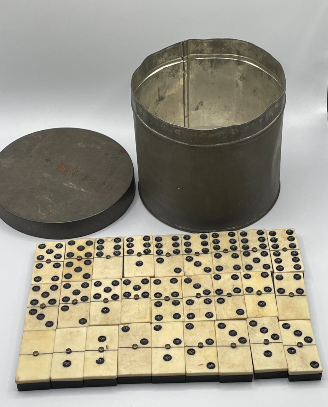 (27) Antique Handmade Bone and Ebony Dominoes Metal Rivet w/ Antique Metal Tin