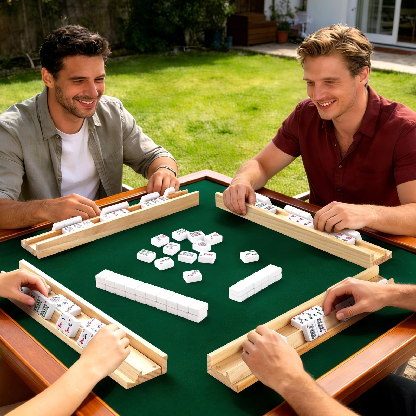 Wooden Mahjong Racks with Pushers, Set of 4, Solid Wood Tile Racks with Push …