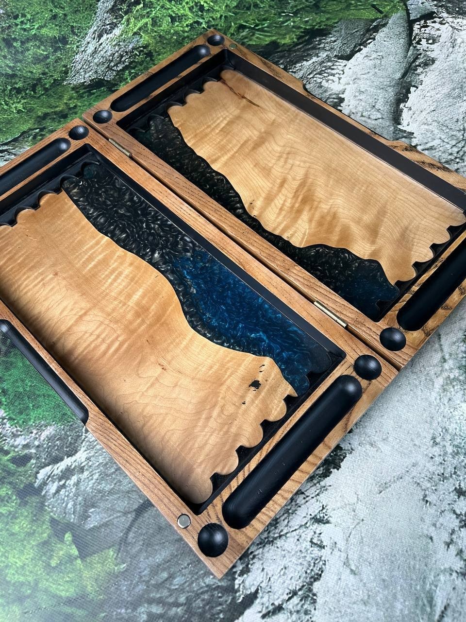 Handmade Wood Epoxy Resin Backgammon Set | Natural Wood Board Game 50×50 cm