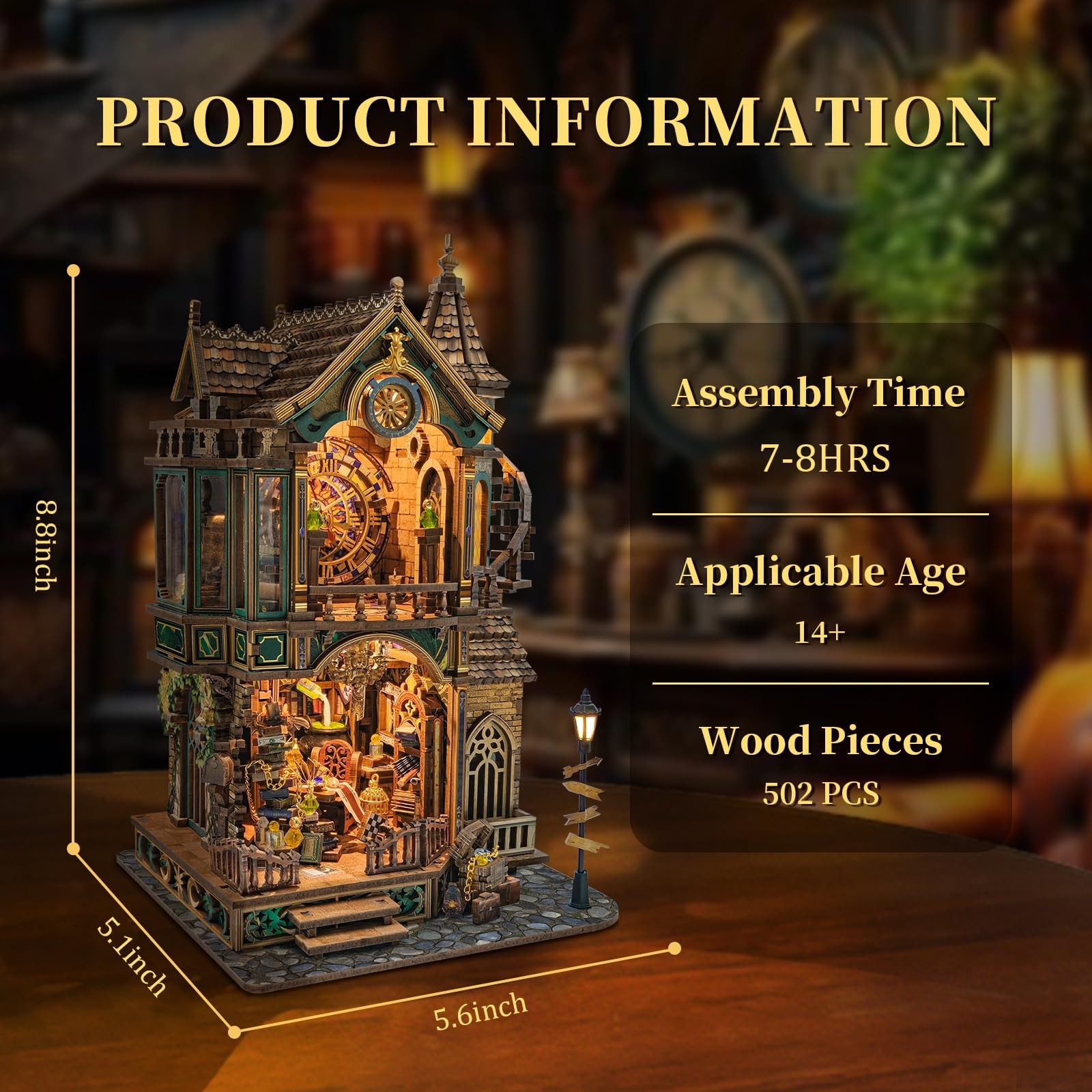 Book Nook Kit Magic Clock Tower 3D Wooden Puzzle LED Lights LORENOOK Adults Home