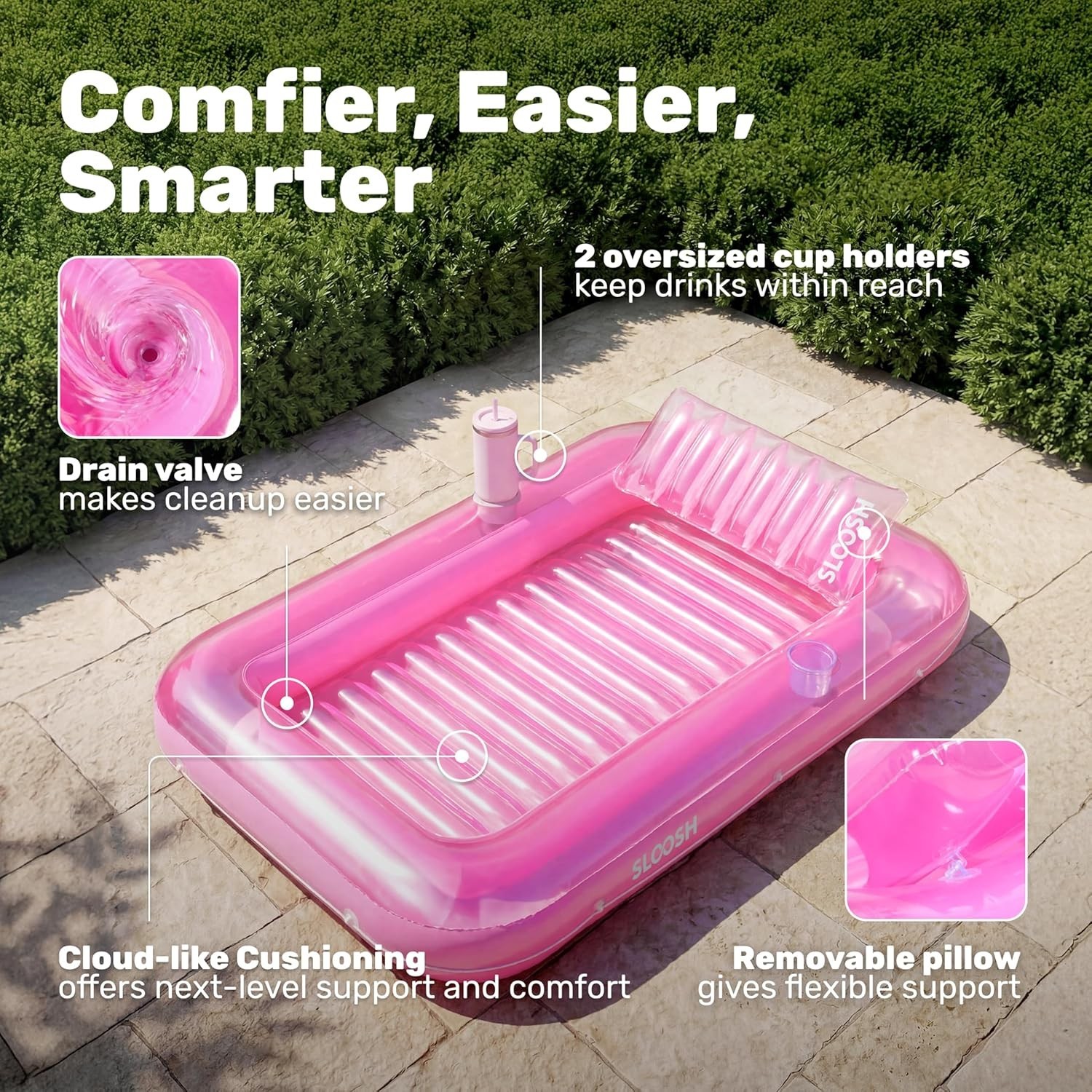 Pool Float Lounger 70 x 46 Inflatable Tanning Bed Large Pink SLOOSH Floats Adult
