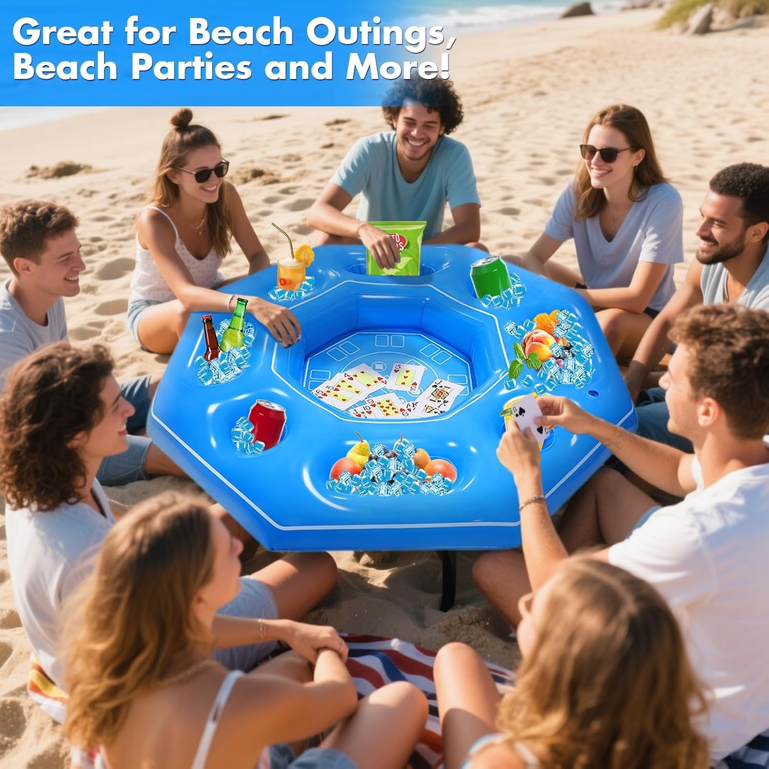 Lanathel Octagonal Inflatable Game Table with Waterproof Cards for Pool Parties