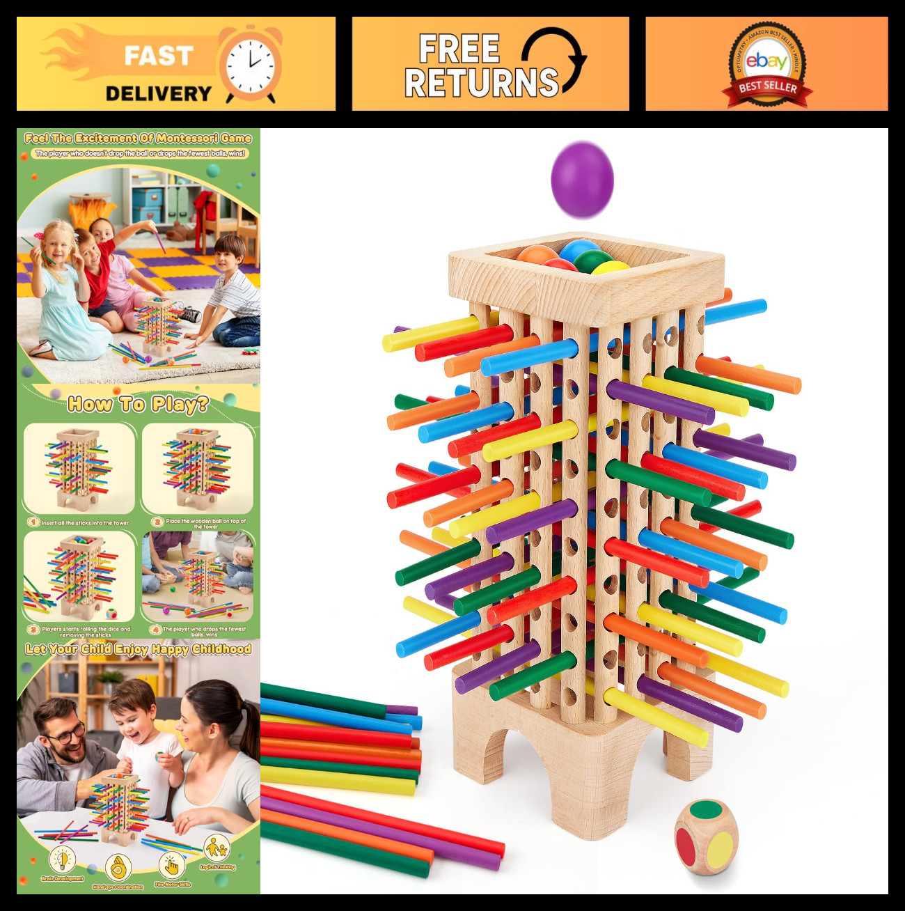 Colorful Wooden Sticks Dice Game – Montessori Math Educational Toy for Ages 3-6,
