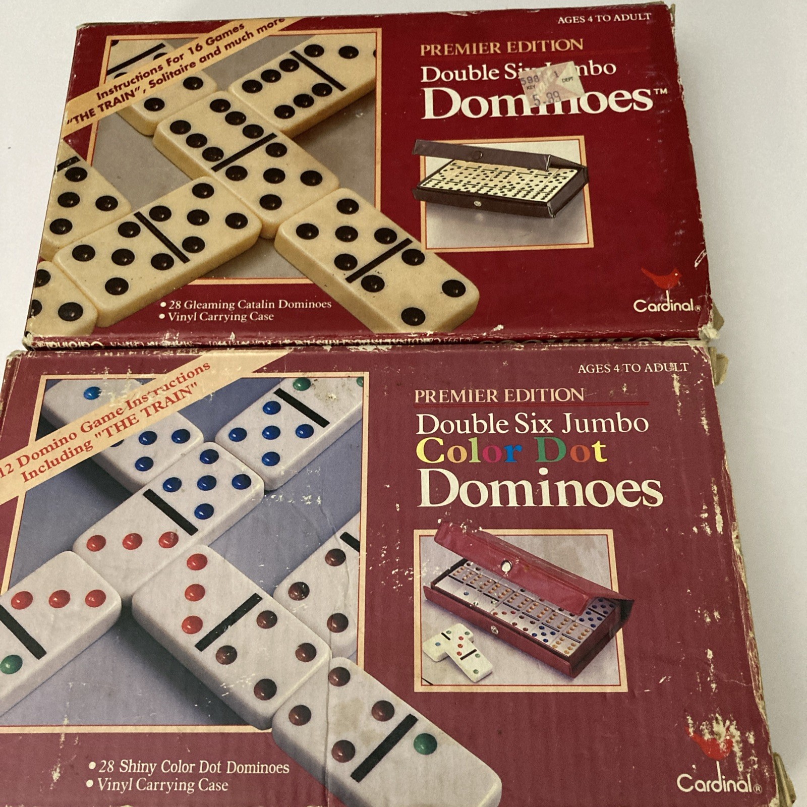 Lot of 2 Double Six Jumbo Regular & Color Dot Dominoes Cardinal Vintage Premier
