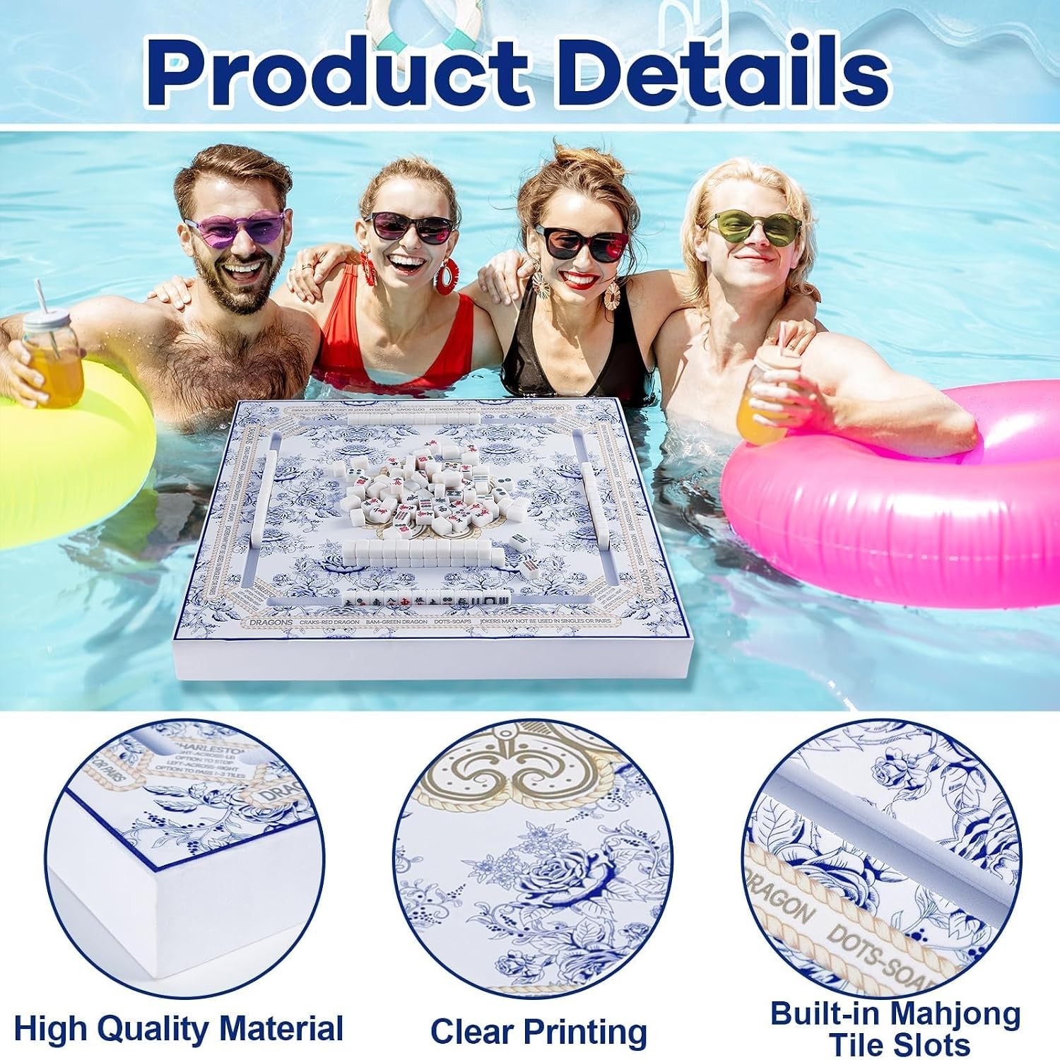 19×19 Inches Mahjong Floating Game Table for Pool Adults Pool Games Tray for Mah