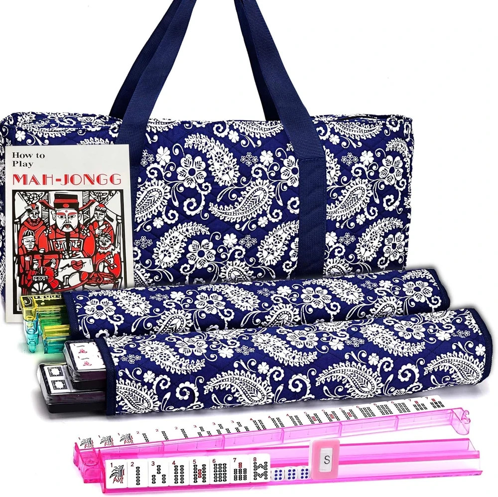 American Mahjong Set, Blue Paisley Carrying Bag,166 Premium White Tiles,4 All-In