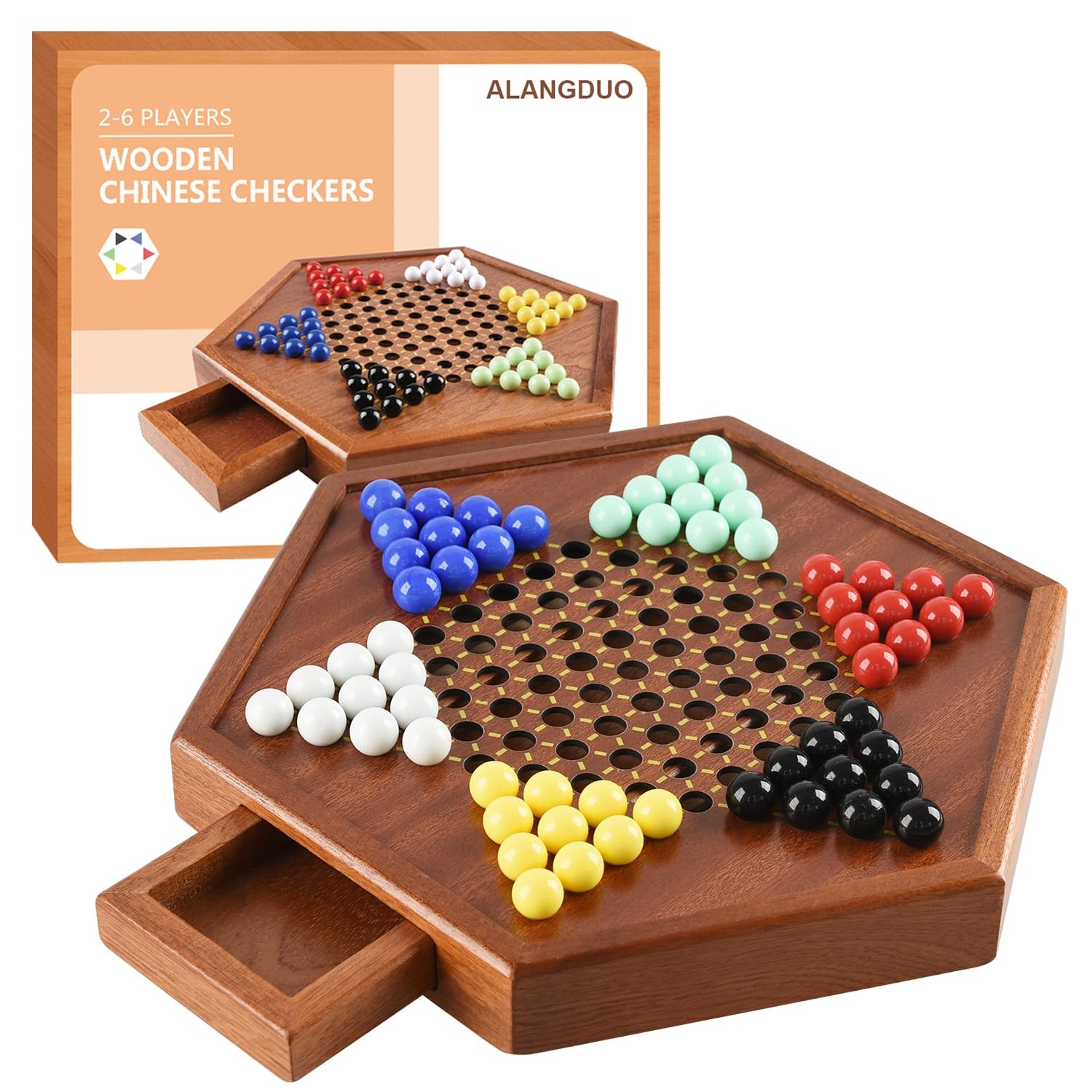 Wooden Chinese Checkers with Drawers 12 Bonus Spare Marbles| Natural Wooden B…