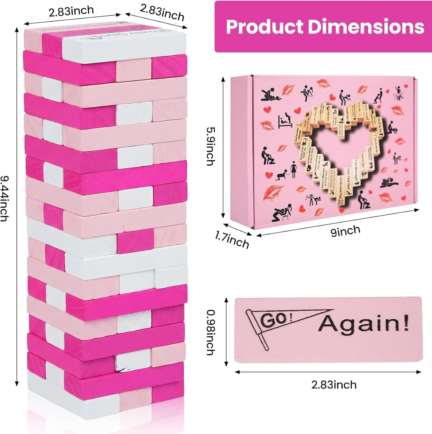 Couple Lust Tower Game – 48PCS Wooden Naughty Blocks & 8 Sex Dice Set (3 Glow in