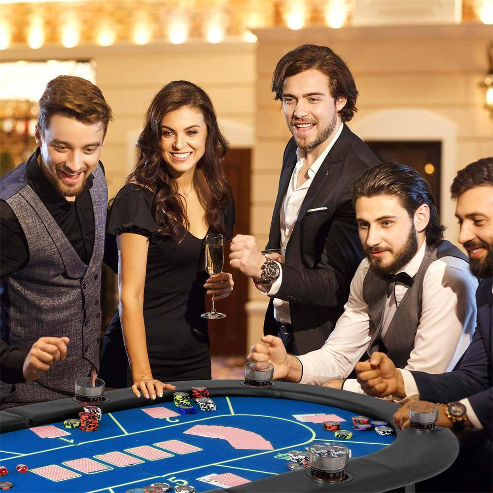 8 Players Card Board Game Table with 8 Cup Holders Casino-Grade Felt Surface Blu