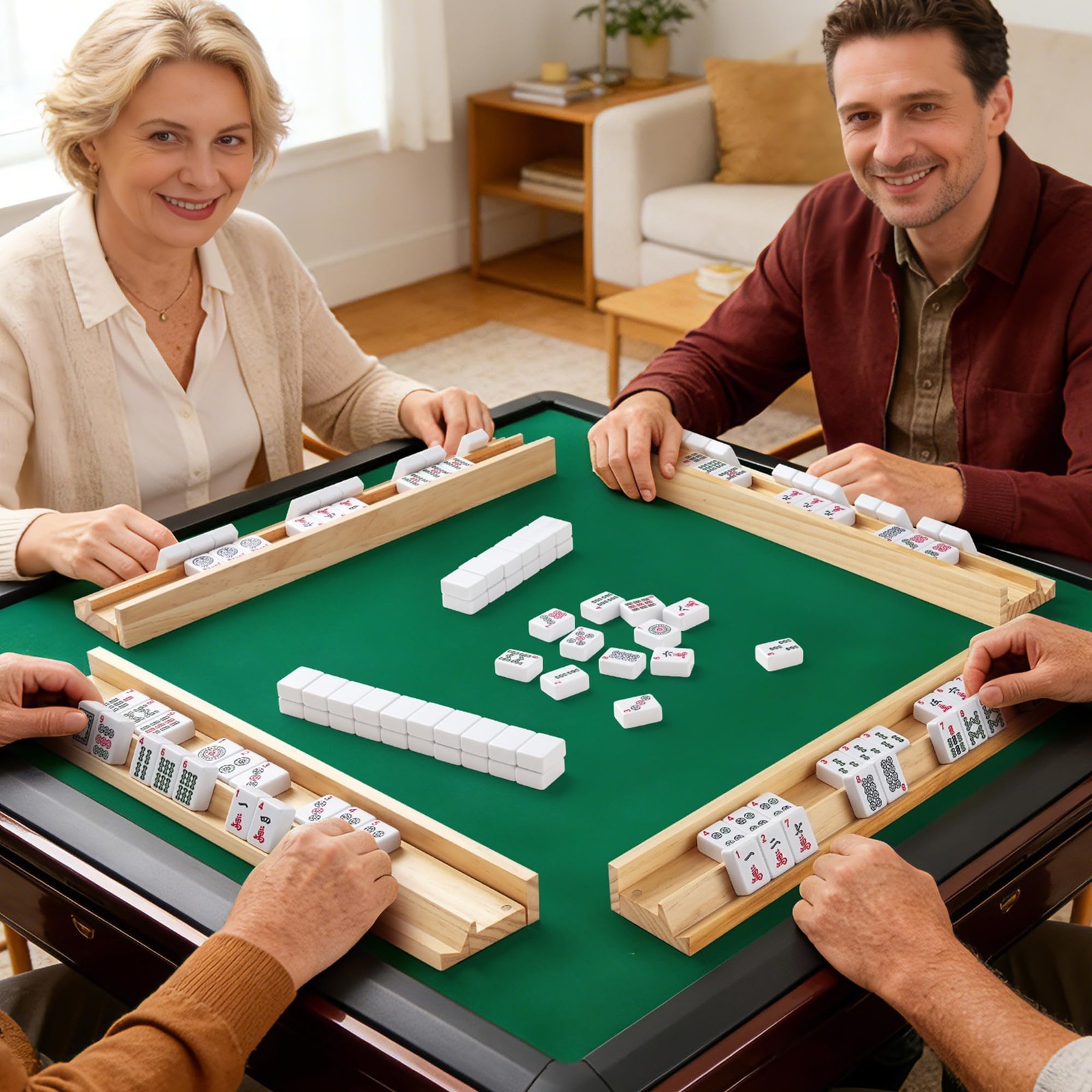 Wooden Mahjong Racks with Pushers, Set of 4, Solid Wood Tile Racks with Push …
