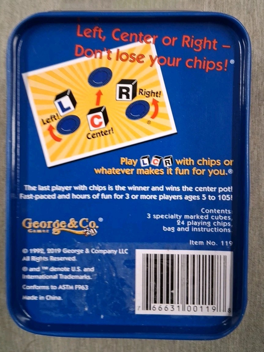 New Sealed LCR Left Center Right Dice Game in Tin