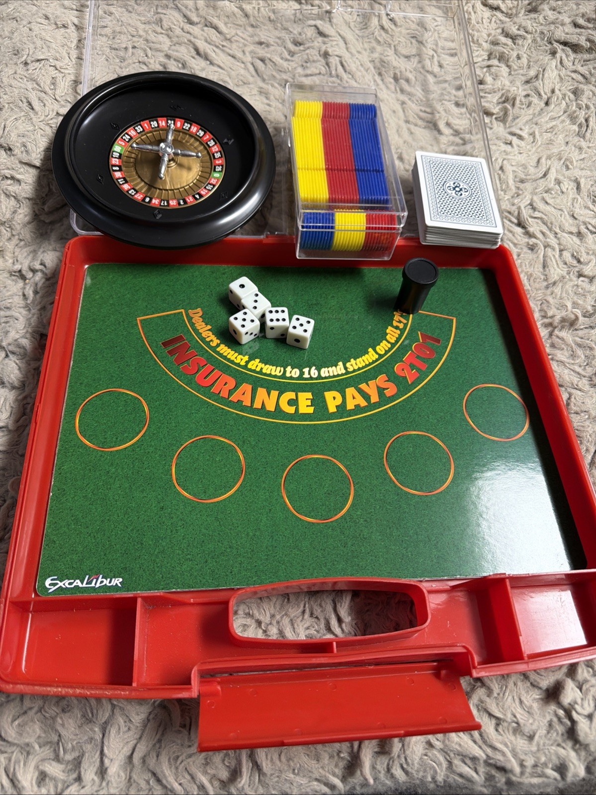 Excalibur 6-in-1 Portable Casino Set – Roulette Craps Blackjack 3 Mats & Case