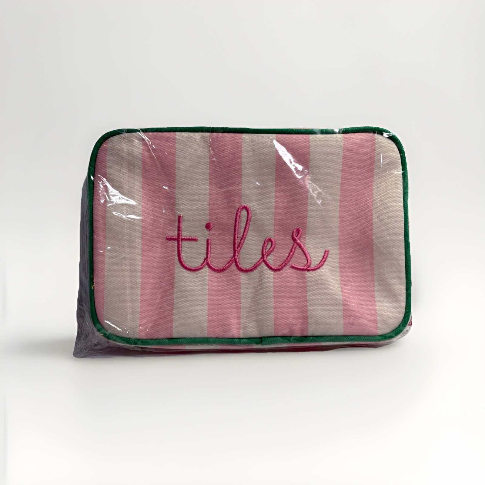Pink White Striped Fabric Mahjong tile Bag with Tassel Zipper, New Without Tags