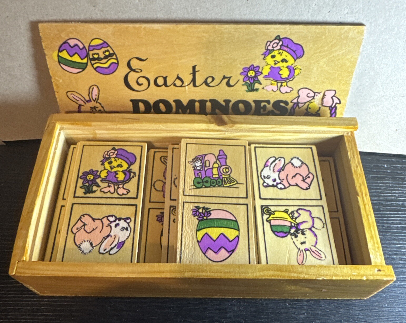 Vtg Oriental Trading Co Wood Box Easter Dominos Matching Game Toddlers/Kids
