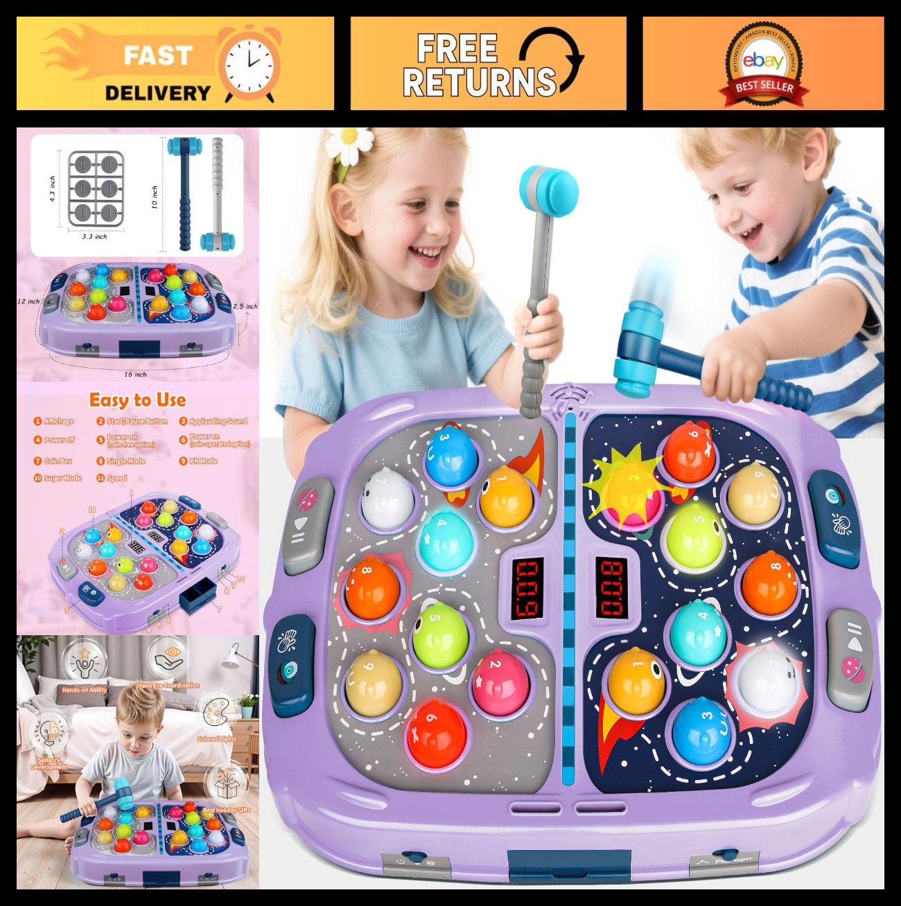 Interactive Whack-a-Mole Game for Kids, Educational Toy with Sound & Light, Gift