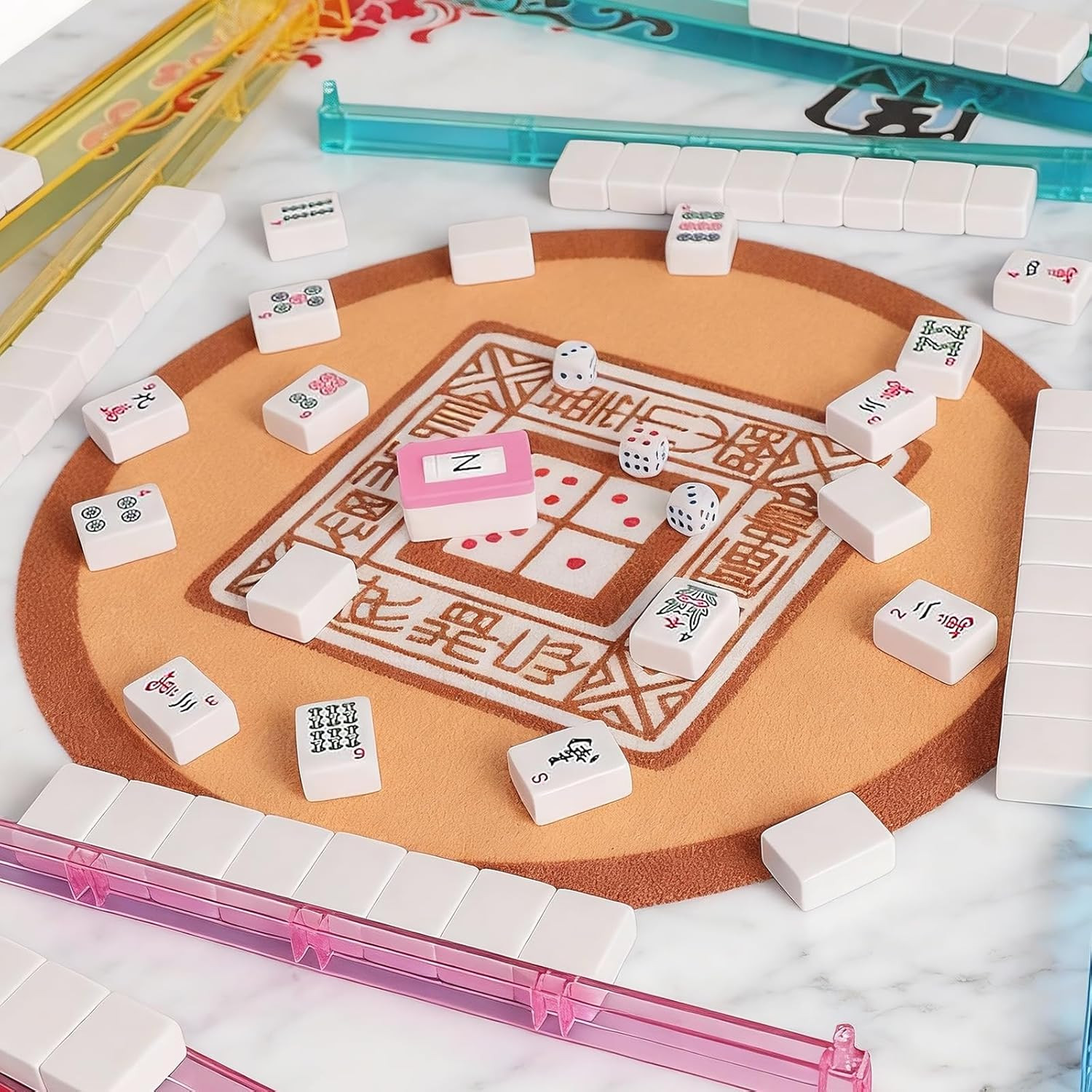 American Mahjong Tiles Set, 166 White Tiles, 4 Color Racks & Pushers, Complete W