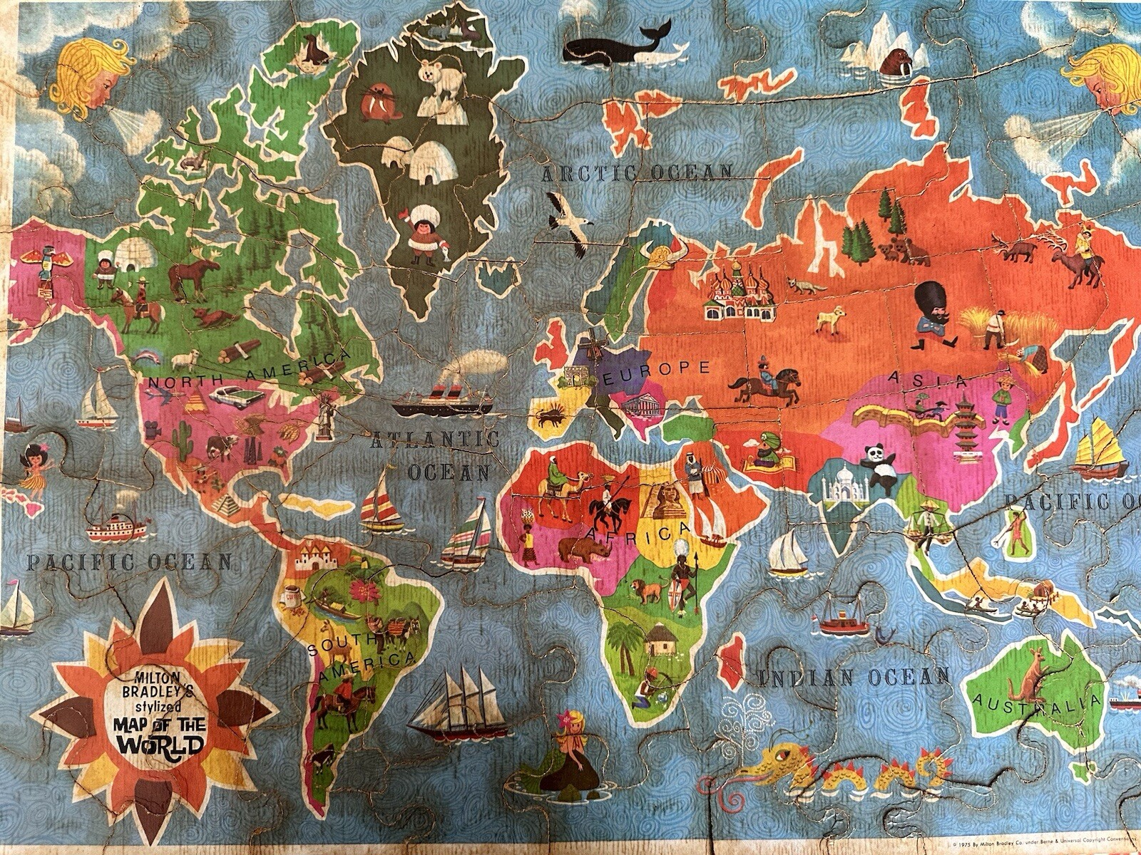 Vintage Wood Puzzle 1975 – Map of the United States and World (Reverse Side)