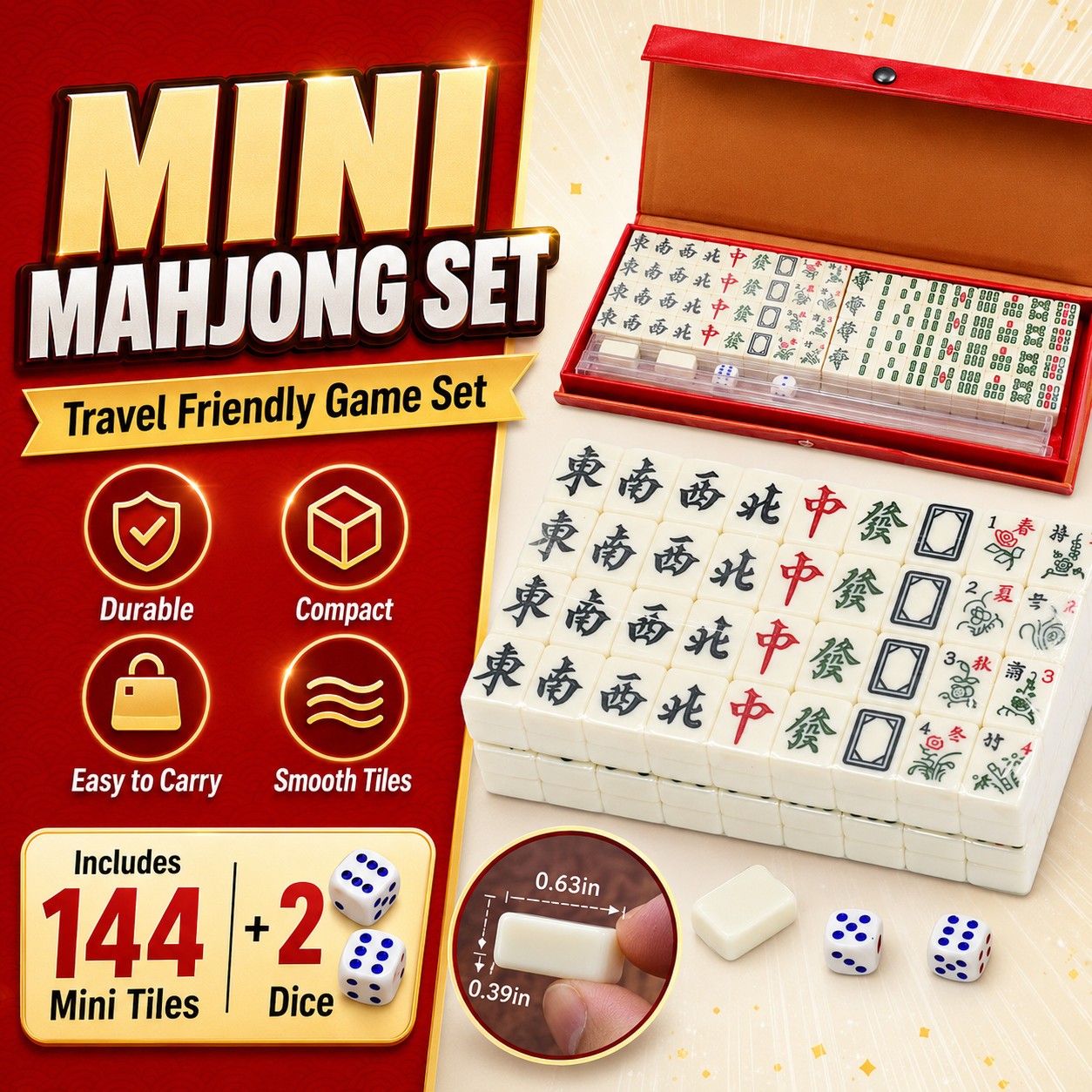 Mini Mahjong Set 144 Tiles 2 Dice Travel Board Game Storage Case Gift for Kids!!