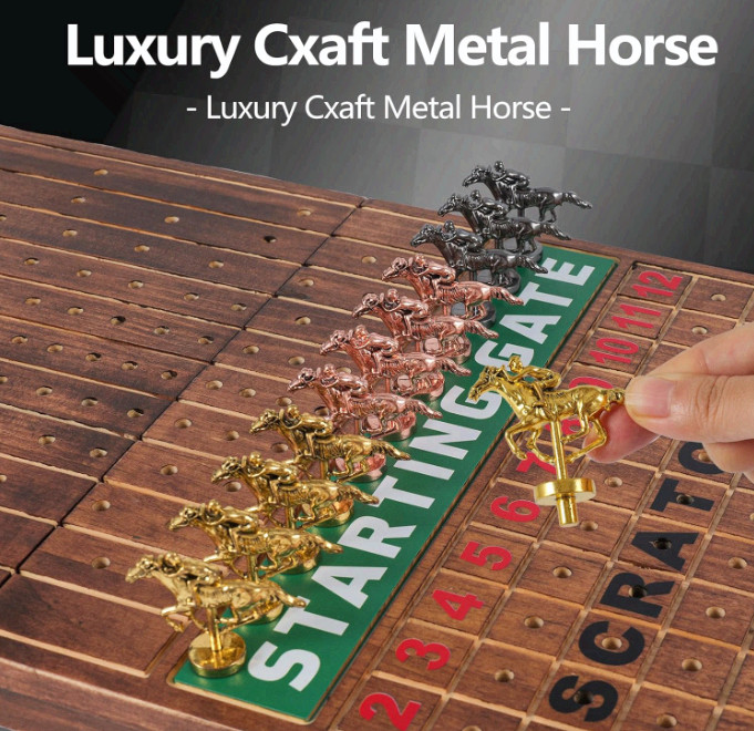 Wooden Finish Line Horse Racing Game with 11 Metal Horses, Dice, Cards Set Box