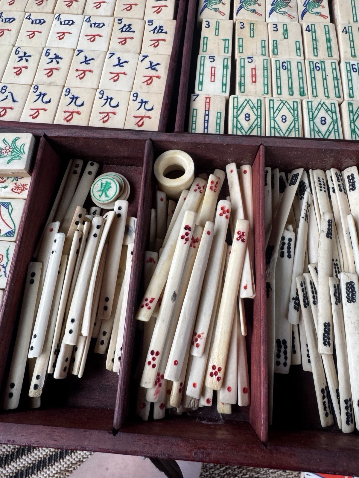 Antique Mahjong 5 Drawer Wood Box Set Bamboo Bone w/DICE/Tiles/Hand Colored