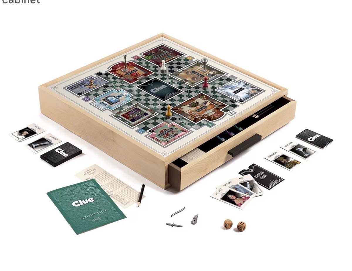 Clue Luxe Edition Board Game with solid maple wood cabinet