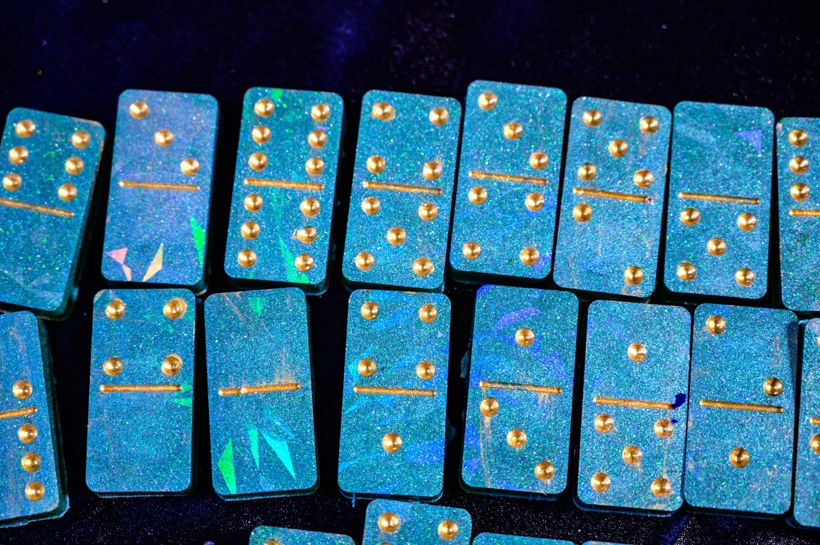 Handmade Resin Teal Holographic Glitter Dominoes Gold Pips Double Six Set