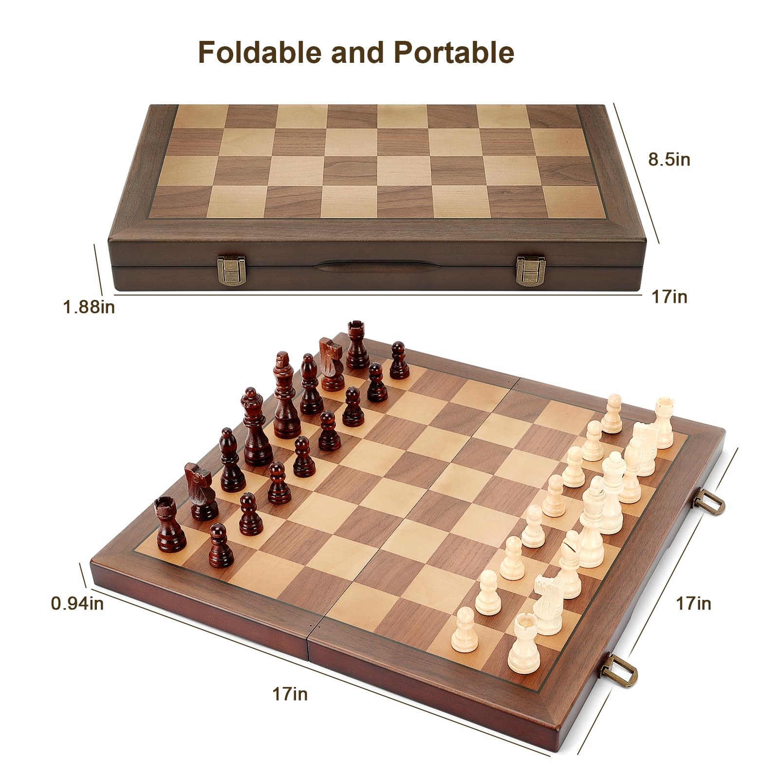 Unique Handmade Wooden Magnetic Chess Set Folding Portable Travel Game Board 17″