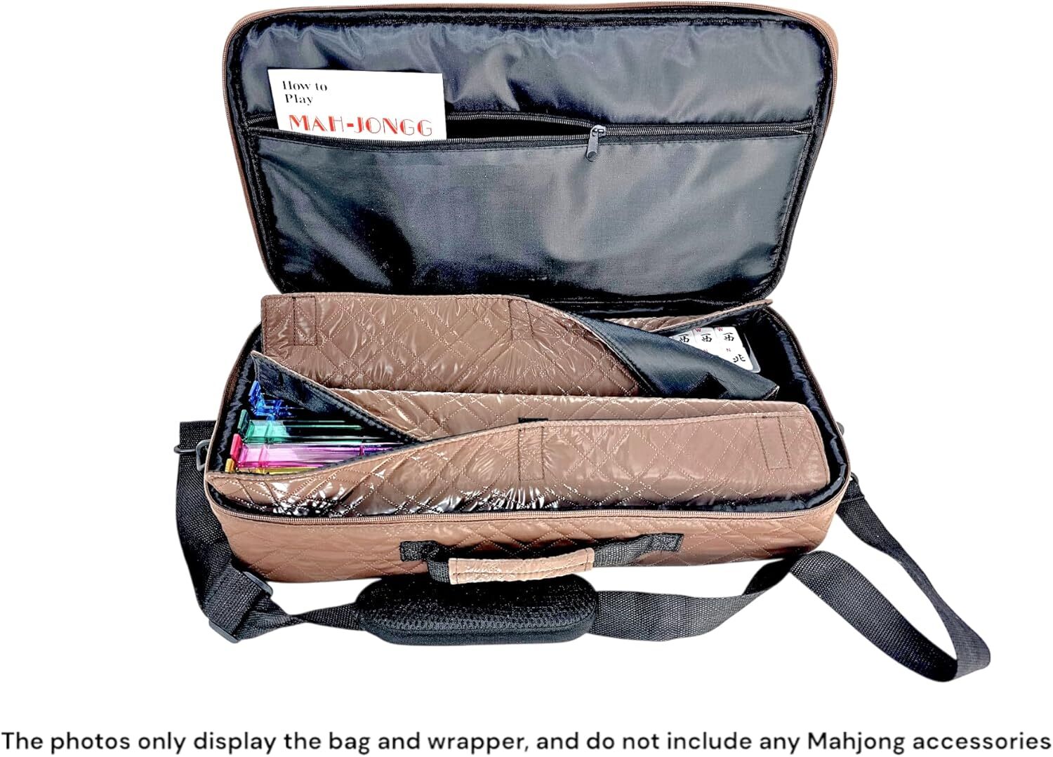 “Coffee”Quilted PU Leather Mahjong Carry Bag with Zippered Storage Pocket.