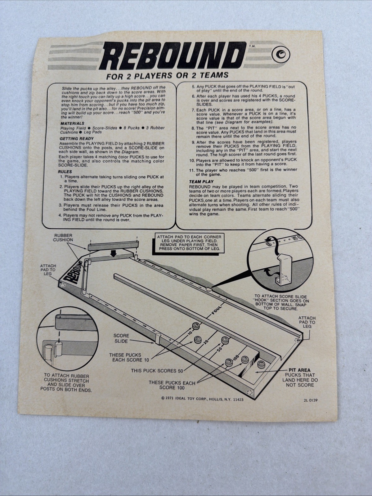 1971 Ideal Rebound Two Cushion Game Vintage Tabletop Shuffleboard Game And Box