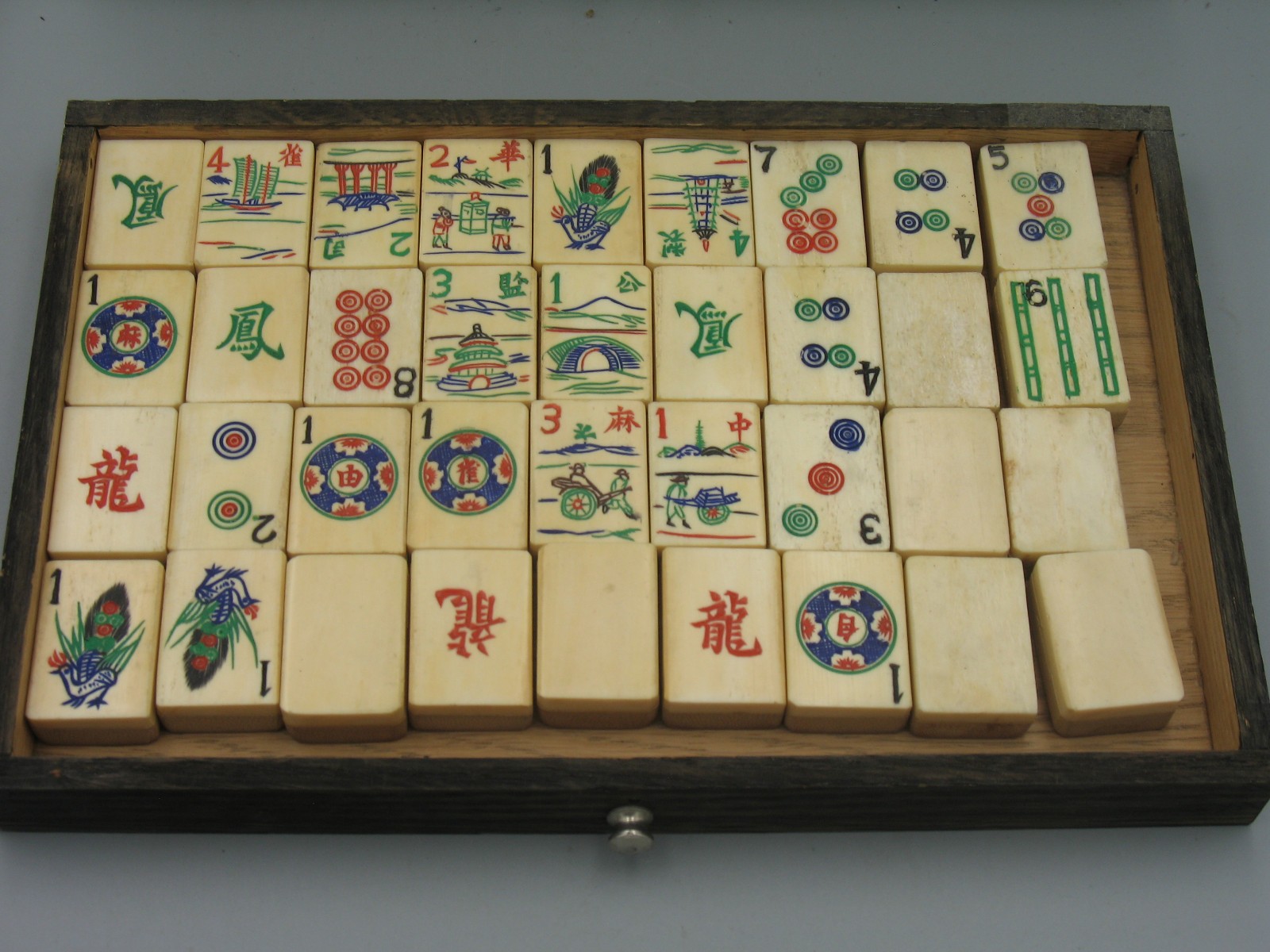 Antique Chinese Mahjong 4 Drawer Wood Box Set Bamboo Bone with Tile Holders