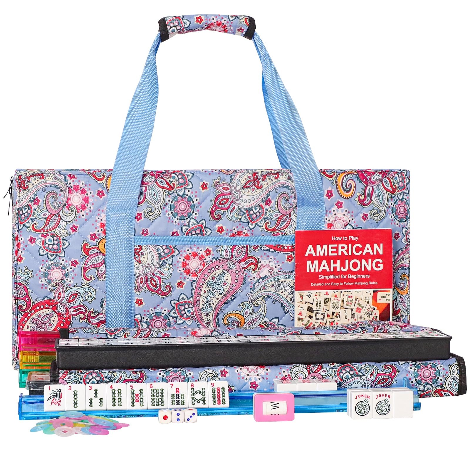 American Mahjong Set,166 White Tiles with Printed Rectangular Bag and Accesso…
