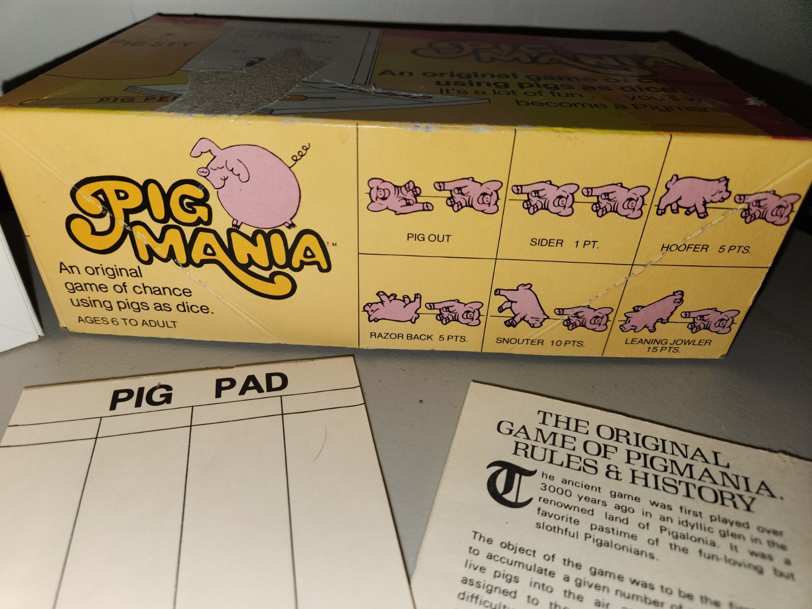 1977 Vintage PIG MANIA Dice Game Pig Stye Cup 2 Pigs Manual Pen Note Pad READ