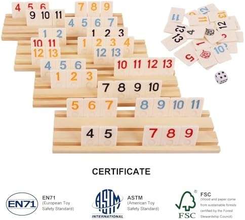Upgraded Rummy Cube Game Set & 4 Wooden Racks, 106 Large Number Rummy Tiles and