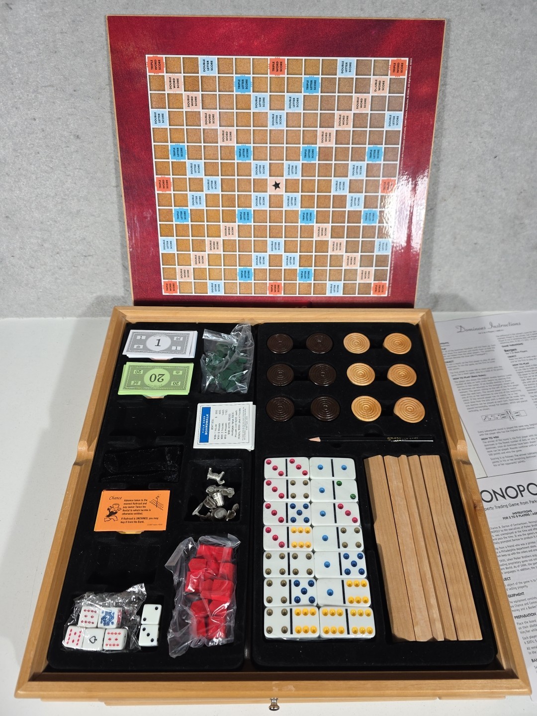Monopoly Scrabble +4 Classic Games Solid Wood Cabinet Some Parts Sealed Unused