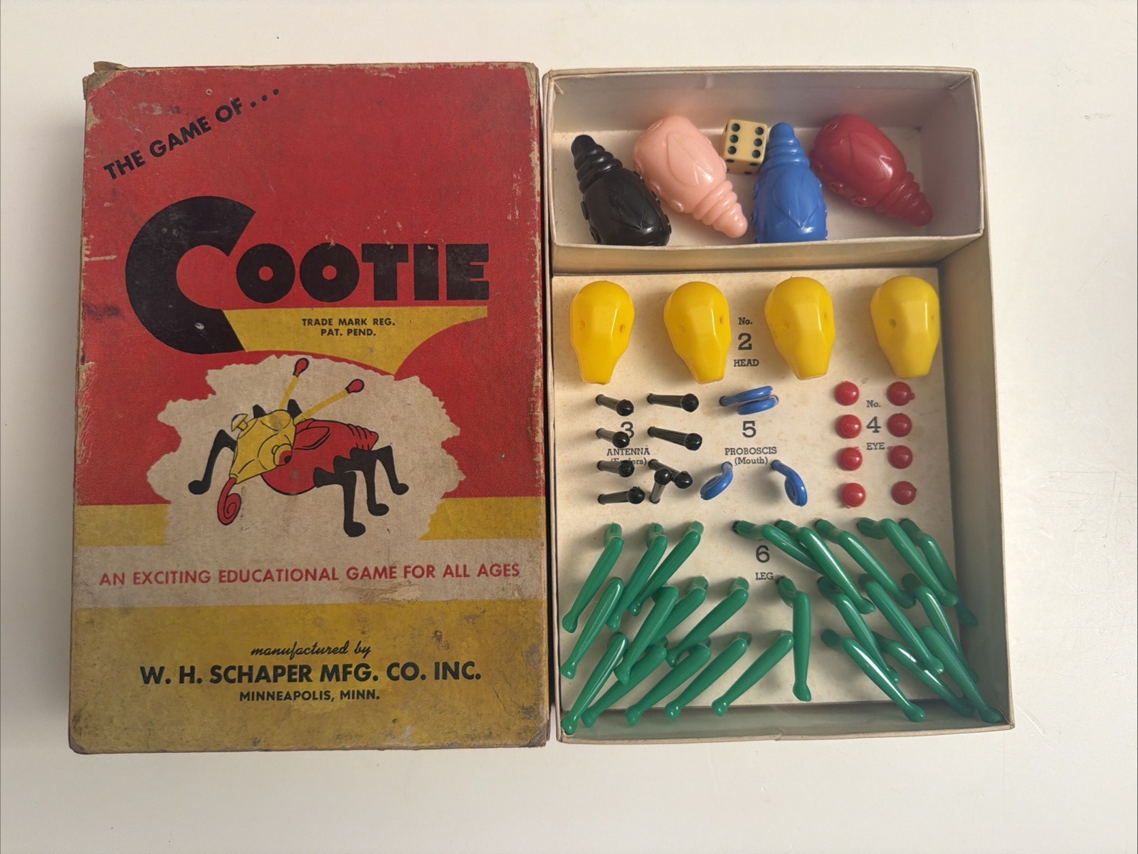 1949 ORIGINAL GAME OF COOTIE W.H. SCHAPER MFG CO. COMPLETE ALL PIECES EUC
