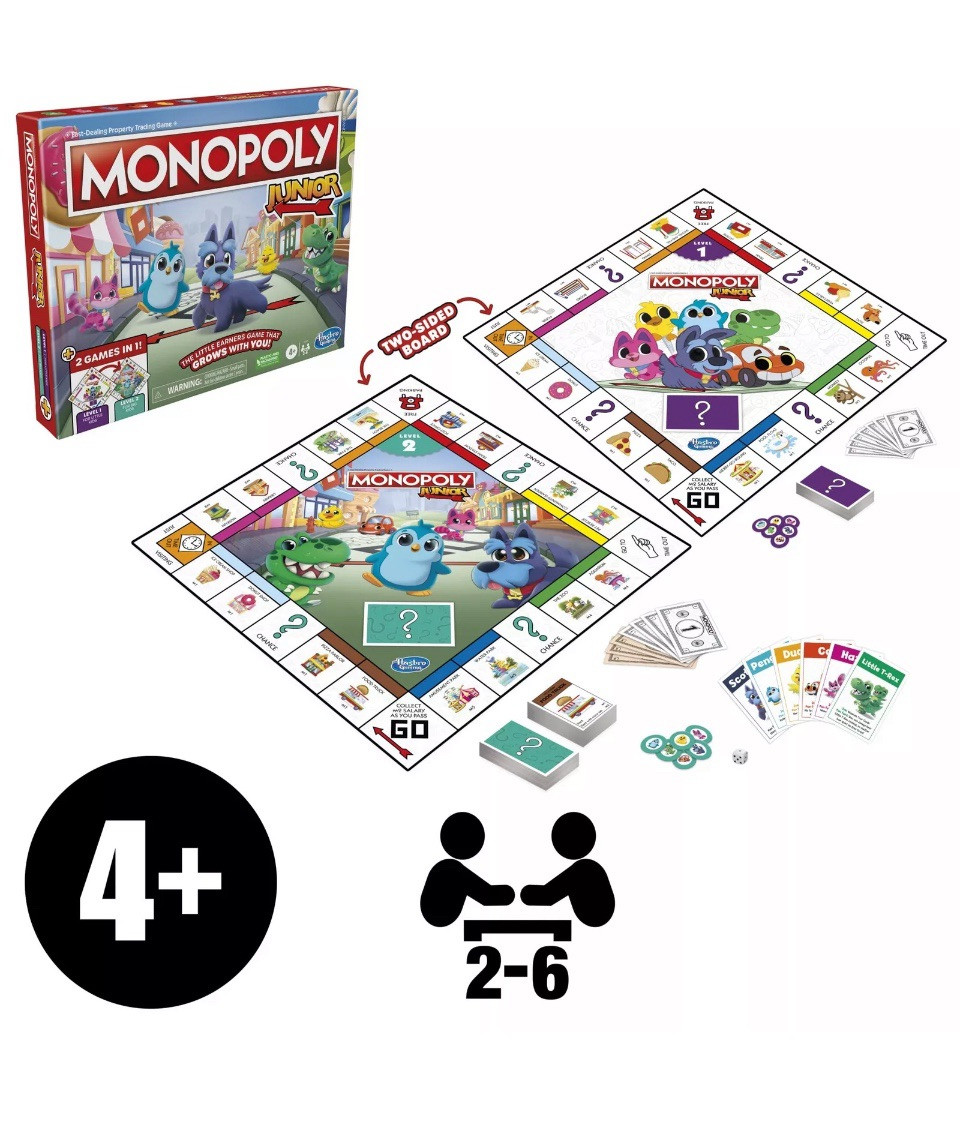 Hasbro Gaming Monopoly Junior Board Game 2-Sided Gameboard 2 Games in 1 Monopoly