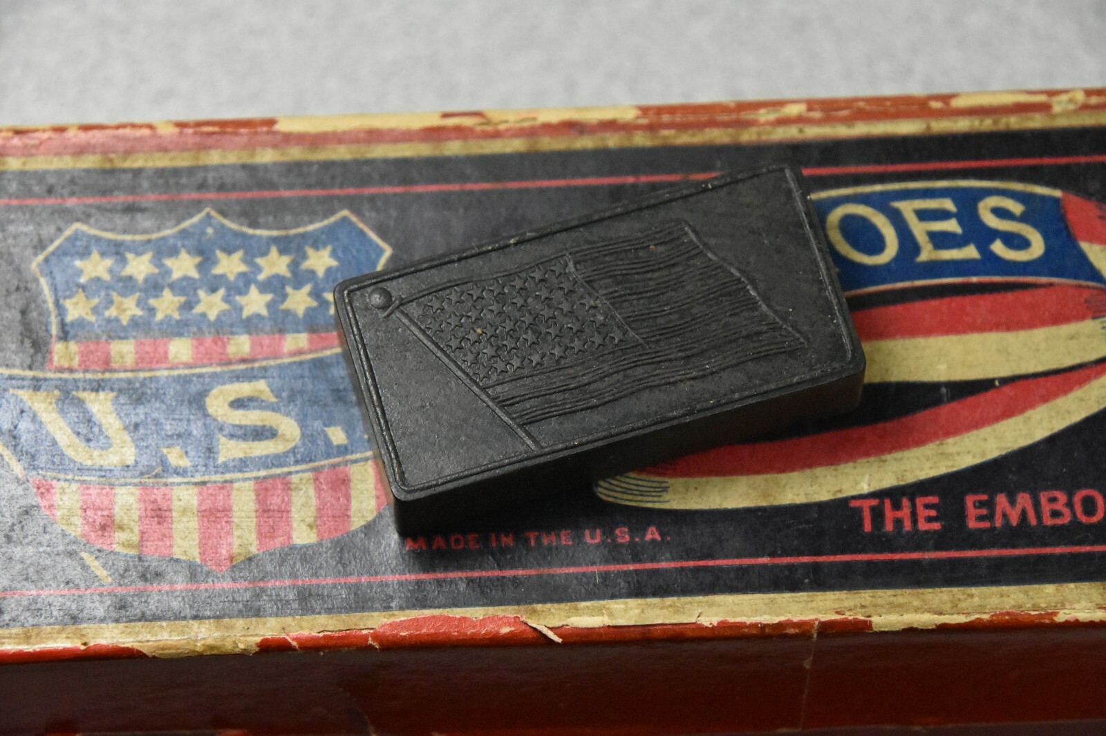 Vintage Patriotic USA Flag Embossed Dominos Game in Original Box – Incomplete 20