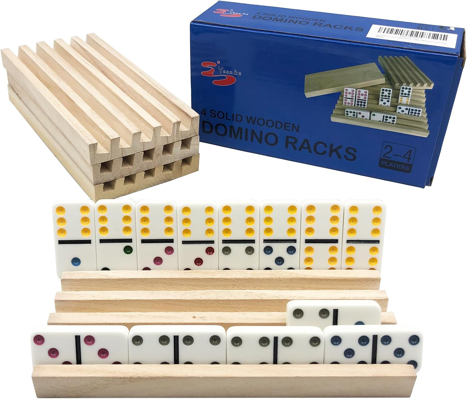 Yuanhe Domino Holder Trays Rack – Set of 4 Wooden Tiles Stand Holders for Mexica