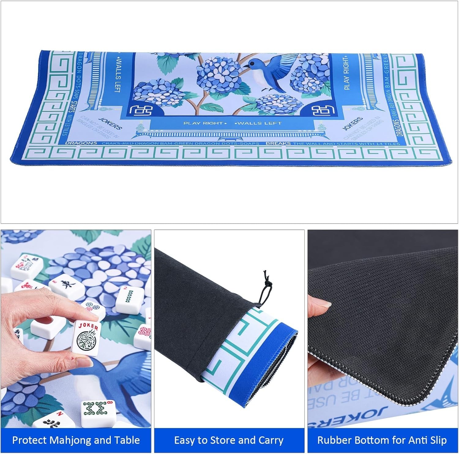 Blue American Learning Mahjong Mat (33”X33”) with Black Carrying Bag, Anti-Slip,